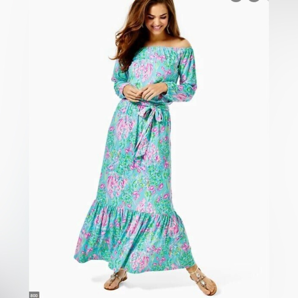 Lilly Pulitzer Odella Off The Shoulder Maxi Dress 
Amalfi Blue Best Wishes M